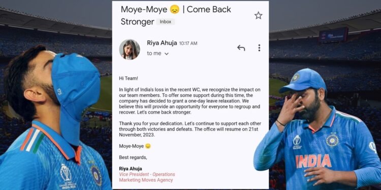 Marketing Moves Agency teams up against Monday Blues after India’s loss in the World Cup, granted 1 day off for mental well-being!